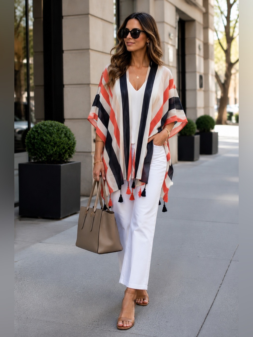 ANN TAYLOR Woman’s Striped Tassel Linen Kimono Coverup Wrap ONESIZE
